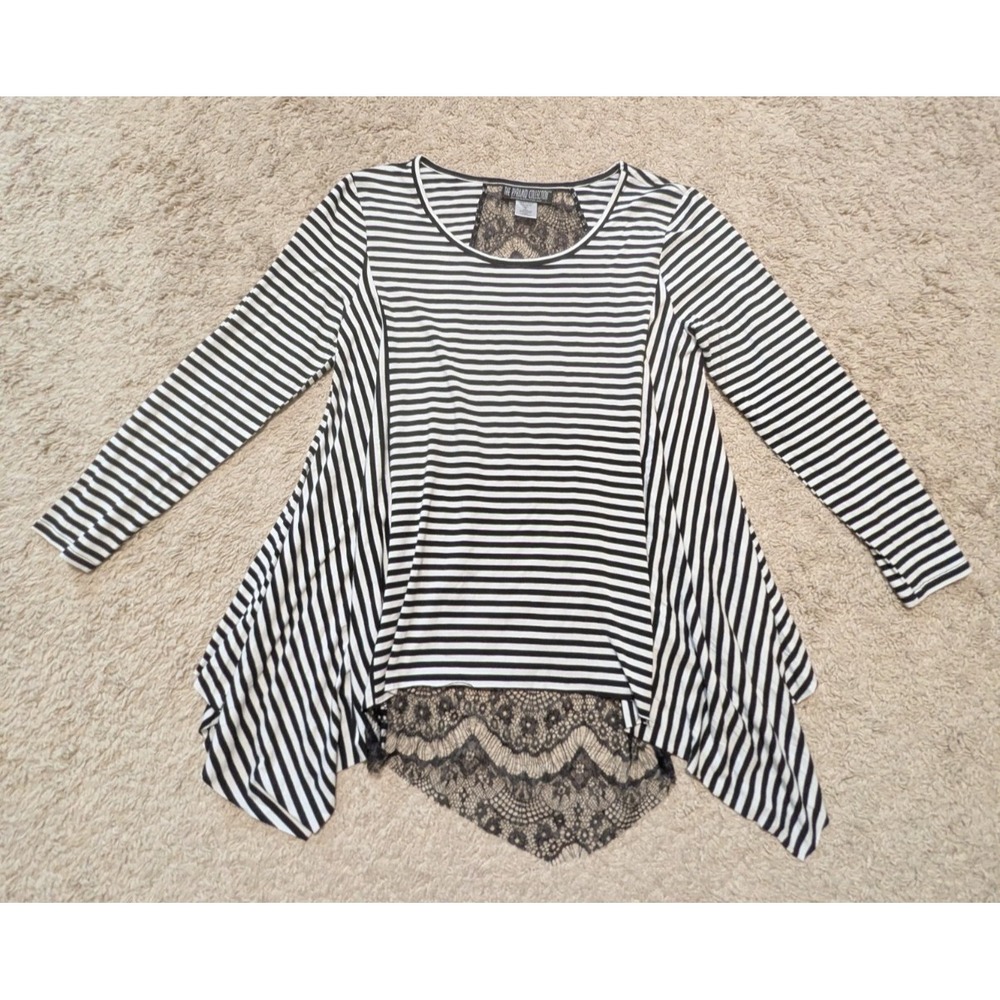 Pyramid Collection Shirt Sz M Handkerchief Hem Striped Moira Goth Lace Halloween